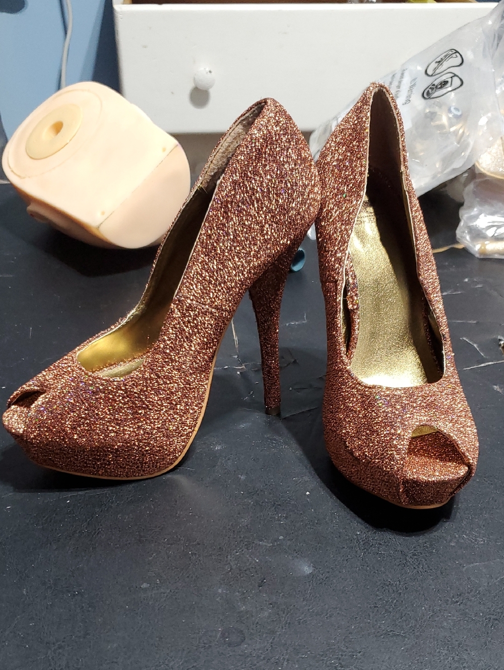 Gold Glitter Peep-Toe High Heels - Women Shoes, These Shoes Were Displays.